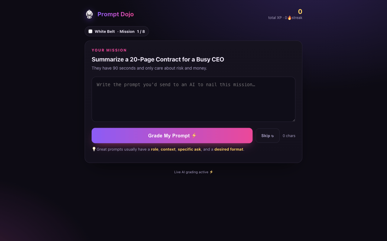 Prompt Dojo interface showing a mission brief and prompt grading control