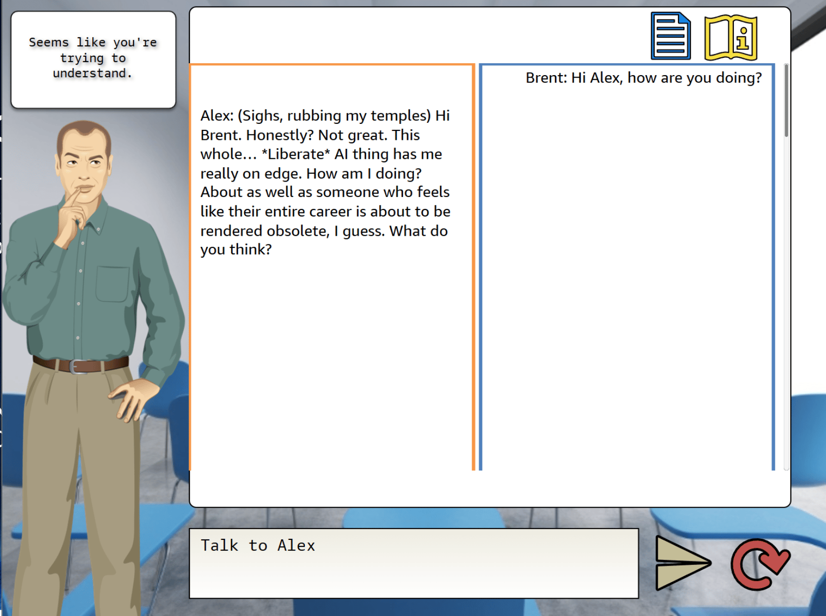 The Trainer Experience Series simulation, showing a live conversation with an AI employee